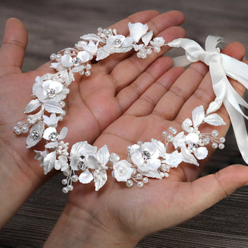 Swarovski Crystal Faux Pearls White Floral Vine Leaves Cascade Wedding Headband, Bridal Rhinestone Hair Vine, Statement hair accessories.